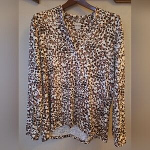 NIC+ZOE Leopard Vneck Front Pleat Stretch Top Womens Size L